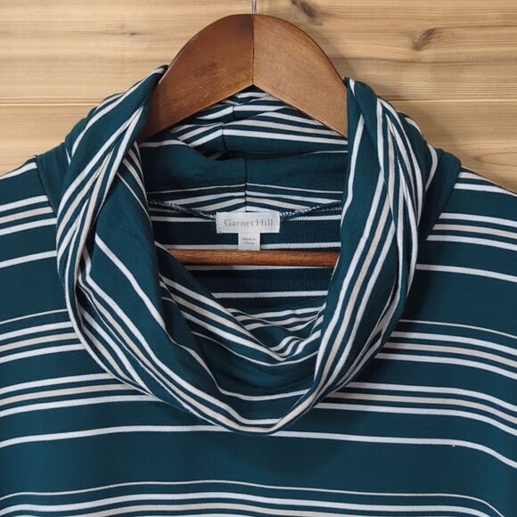 Garnet Hill Top Womens Medium Green Striped Cowl Neck - Picture 2 of 9